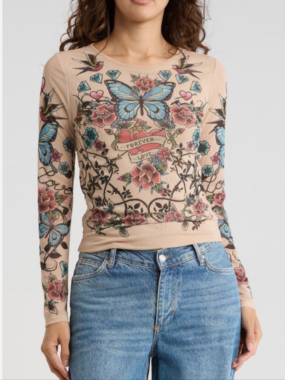 Madden Girl Tattoo Print Mesh Long Sleeve Top